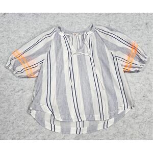 Sundry Blouse Blue White Orange Tunic Blouse, 100% Cotton, Puff Sleeve, Sz 0